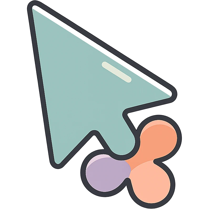 mouse cursor arrow with decorative cutout at the base, icon-color-outlined style, thin clean outlines, soft rounded shapes, pastel palette #98B5BC, #B5B3C1, #C9A3C9, #E4C0CA, #F7DCD1, #F7C0AA, detailed shadows and highlights, soft lighting, transparent background emoji
