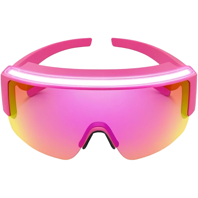 sporty pink shield visor sunglasses with thick frame and integrated LED light strip, tech-enhanced chunky design, massive build, one-piece lens with smart tint emoji