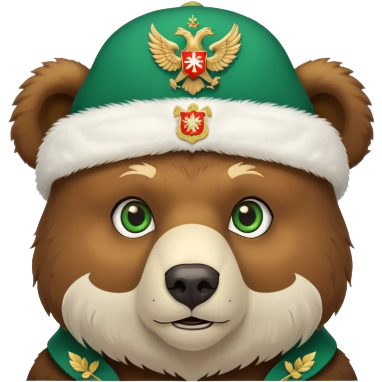 Cute brown bear head with green eyes, wearing white fluffy ushanka with precise Russian coat of arms showing golden double-headed eagle with all official details, iOS emoji style emoji