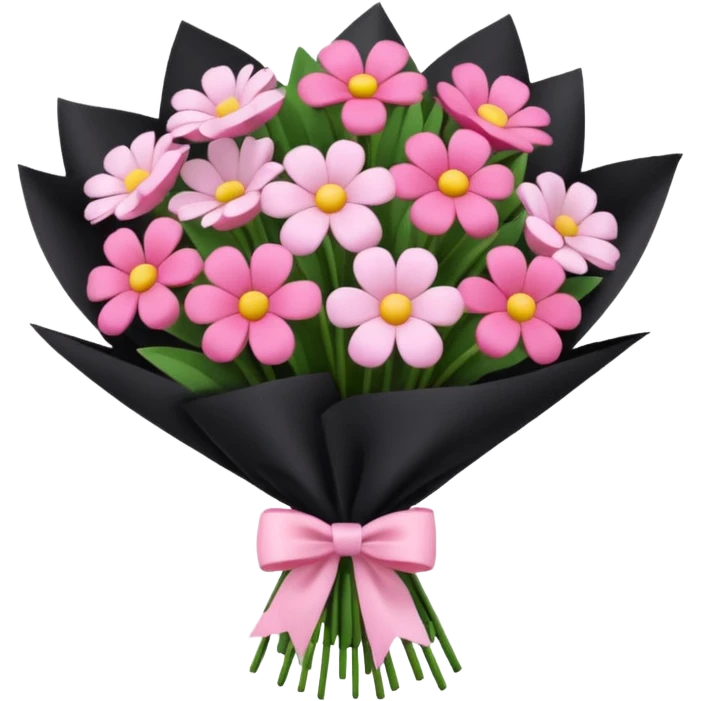 Create a baby pink and dark pink flowers bouquet with black wrap paper and with white bow emoji