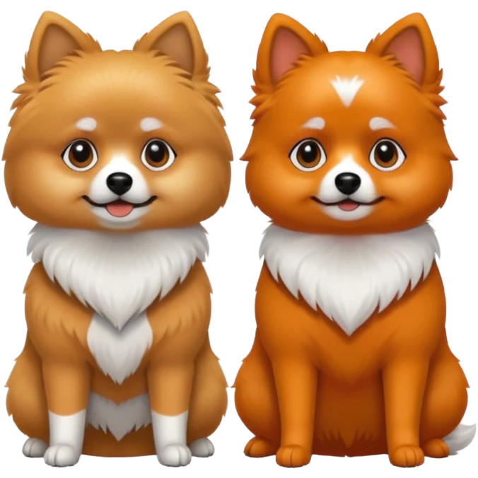 TWO POMERANIANS STANDING NEXT TO EACH OTHER. GIRL WHITE WITH ORANGE PATCHES AND BOY ALL BLACK WITH WHITE ON SNOUT AND CHEST . EMOJI DOGS. emoji