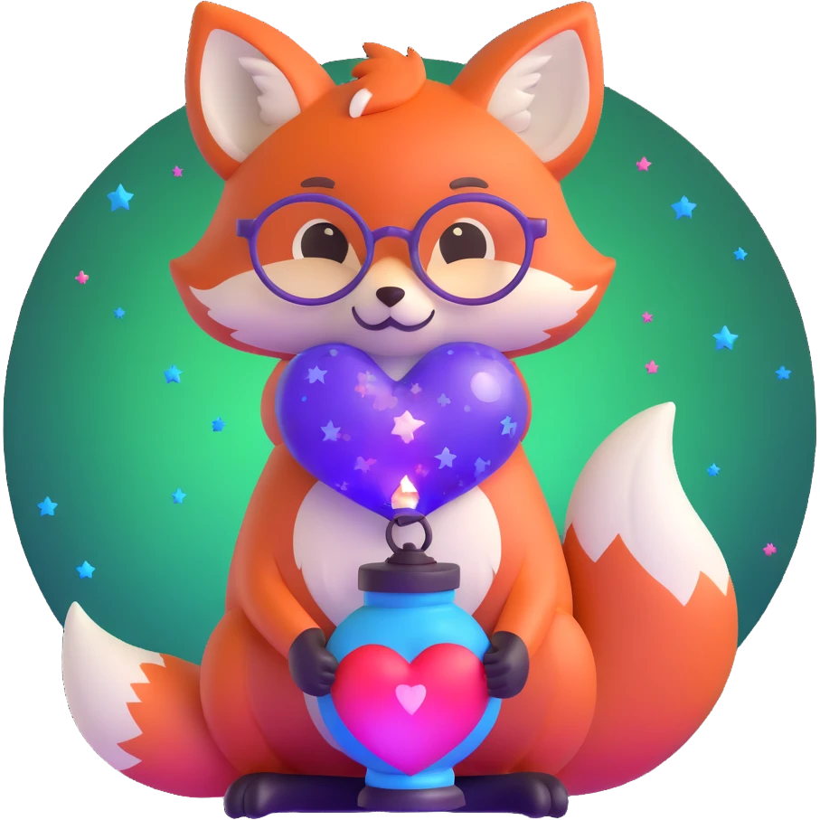 small magical fox with shimmering purple and blue fur, glowing fluffy tail, silver star on forehead, round glasses, tiny lantern, hugging a big red heart emoji