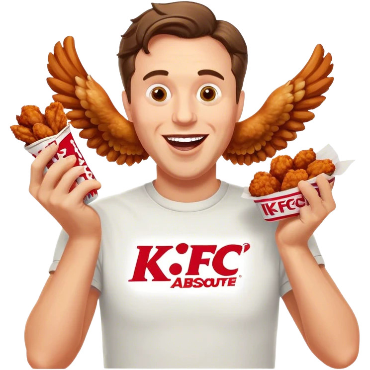 "Create an emoji of a white man holding KFC chicken wings with a happy and excited expression. Make sure to add the text 'KFC ABSOLUTE CINEMA ✋😮🤚' in large, bold letters, covering the entire screen and standing out clearly. This text must be included. Use a vibrant and expressive style." emoji