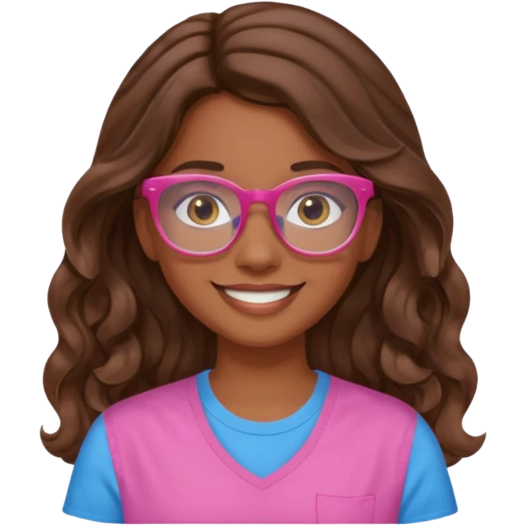 Una chica color de piel sea morena ligado con blanco ojos cafés una sonrisa 🙂 cabello largo ondulado y café camisa de color rosa y lentes de ver azules  emoji