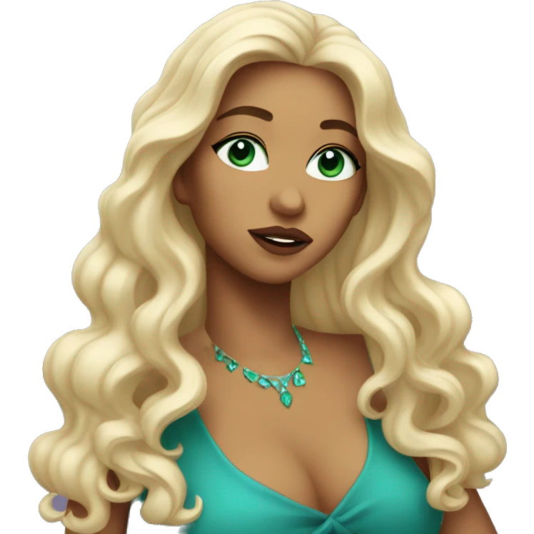 woman with long curled hair and blu-green eyes blowing kiss emoji