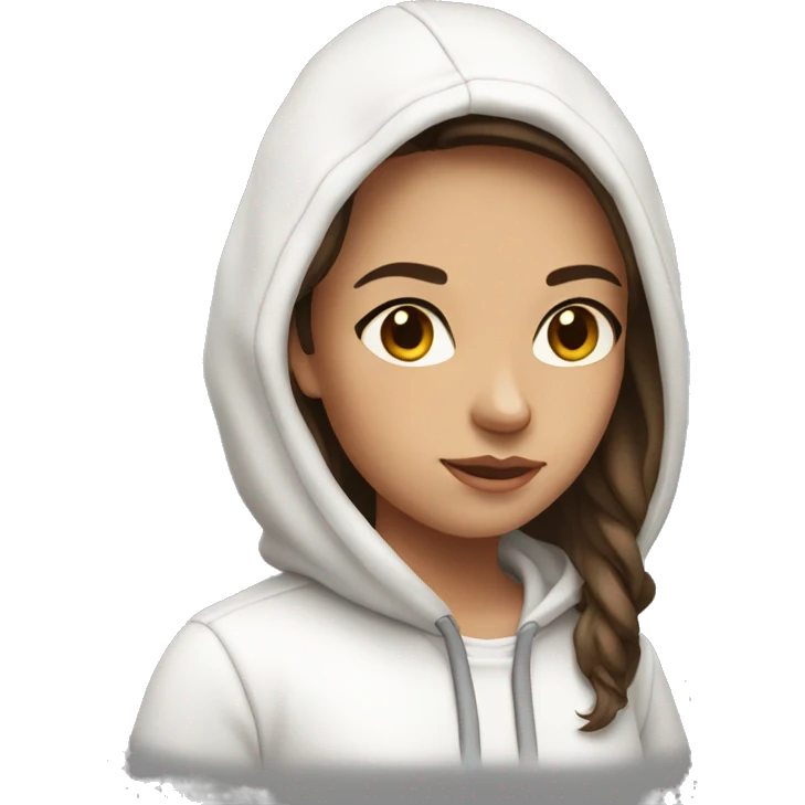 Girl with flat brown hair and brown eyes in white hoodie  emoji
