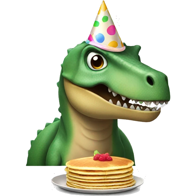 Dinosaur with a party hat eating pancakes emoji