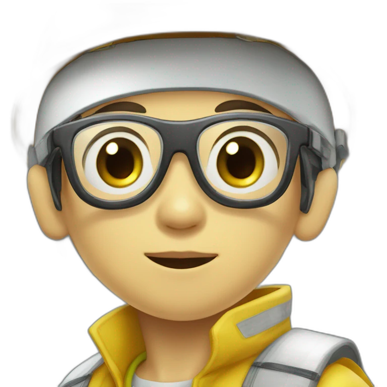 chinese boy with very thick lip small eyes and had glasses wearing yellow rain jack and a white safety helmet doing inspection emoji