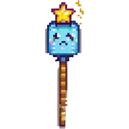 pixelated, blocky emoji of a magic wand with sparkles, inspired by Harry Potter and Minecraft emoji