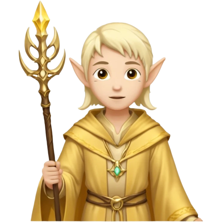 {
      "type": "human",
      "look": "light elf healer, golden robe, staff",
      "description": "a light elf healer wearing a golden robe and holding a staff"
    } emoji