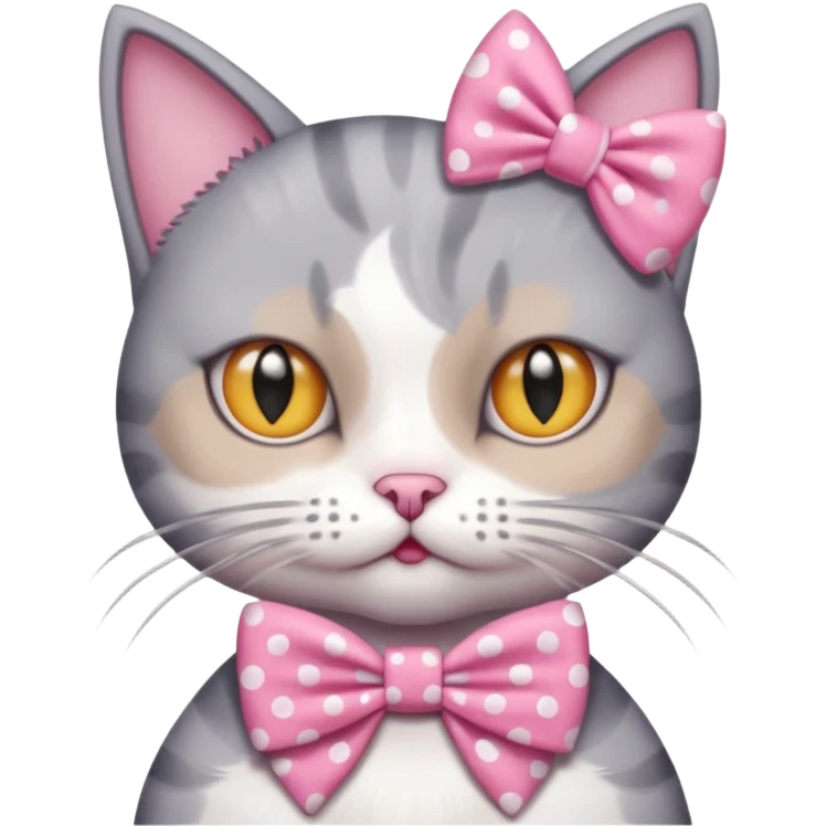 Evil Gray and white evil cat with a pink polka dot dress and with a pink polka dot bow emoji