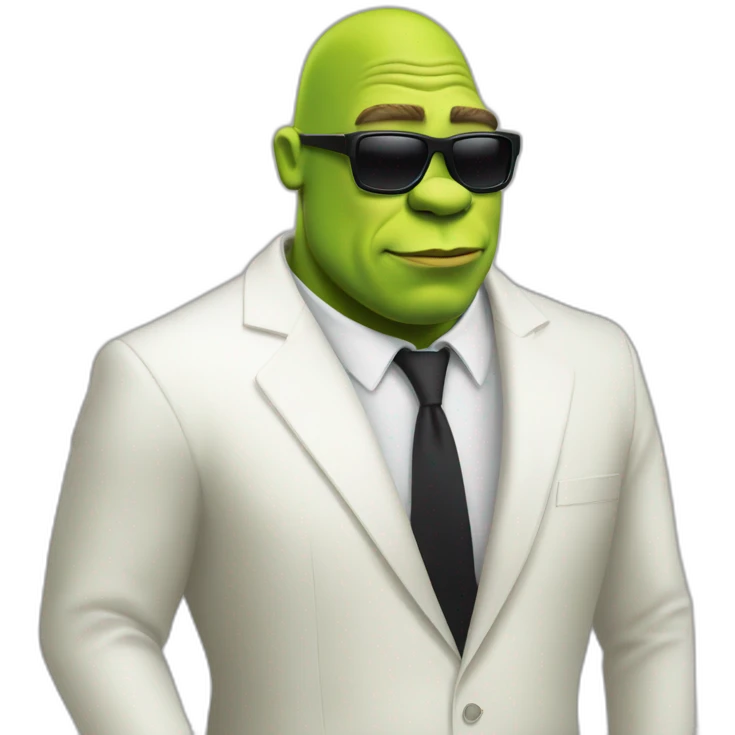 shrek kissing with white-guy-wearing-suit-with-short blonde-hair-and-black-sunglasses emoji