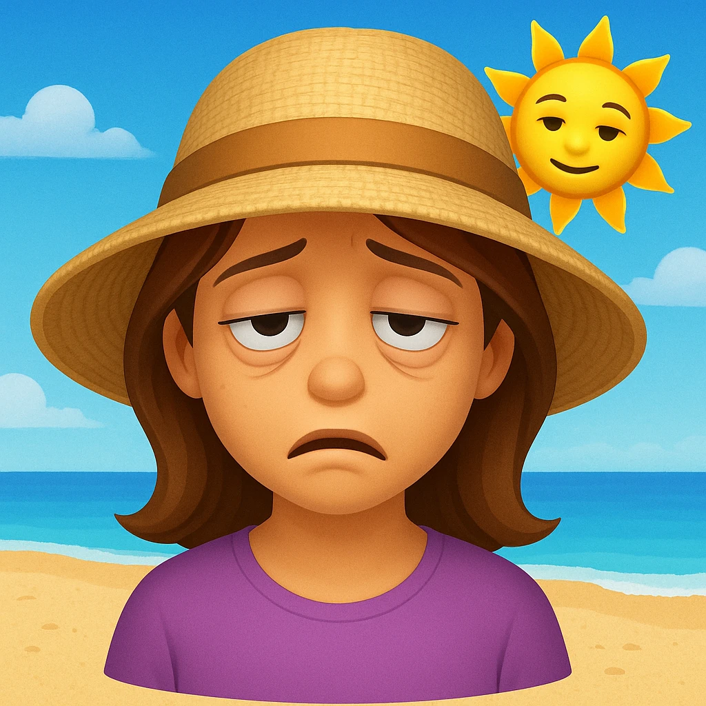 girl, sun is blazing, rest is boring emoji 18.1, emoji style, make the girl's face tired, add a beach, change the hair color emoji