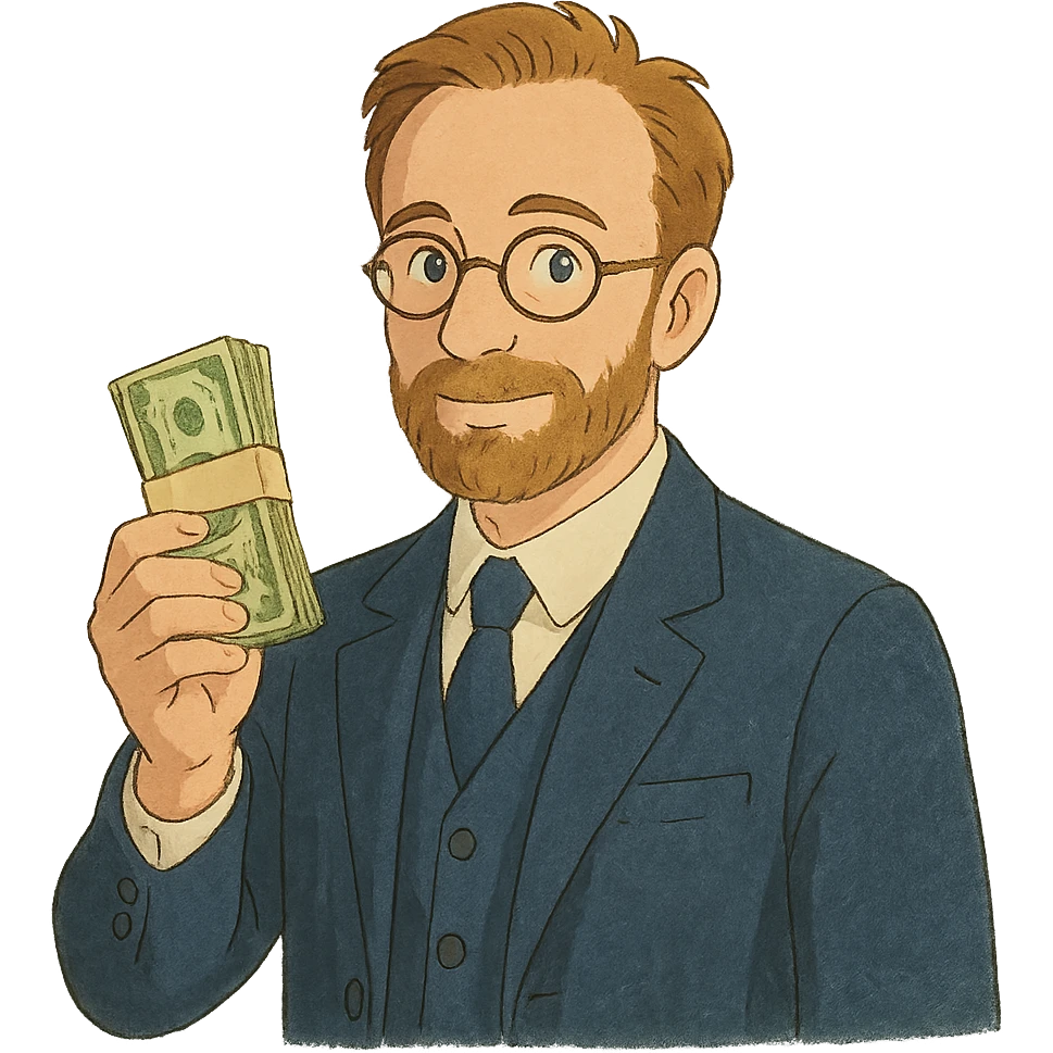 ghibli style illustration of Nikolai Astrup, Norwegian politician, holding a pack of money in his hand emoji
