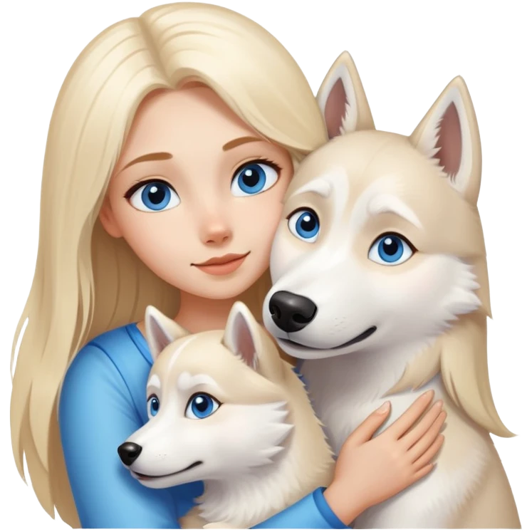 blonde girl with long blonde hair and blue eyes hugging a white husky with brown eyes emoji
