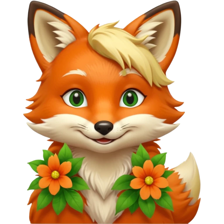 Smilng Green Eyed Blonde Fox with flowers  emoji