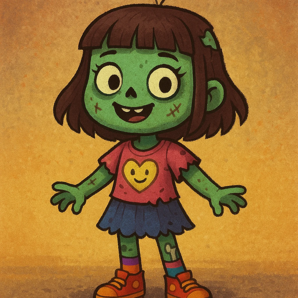 garota zumbi com franja, rosto simpático, visual divertido, estilo variado emoji