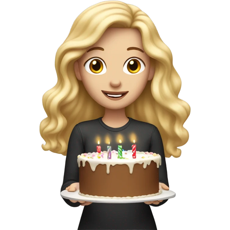 White woman, long hair, blonde hair, wavy hair, holding birthday cake emoji