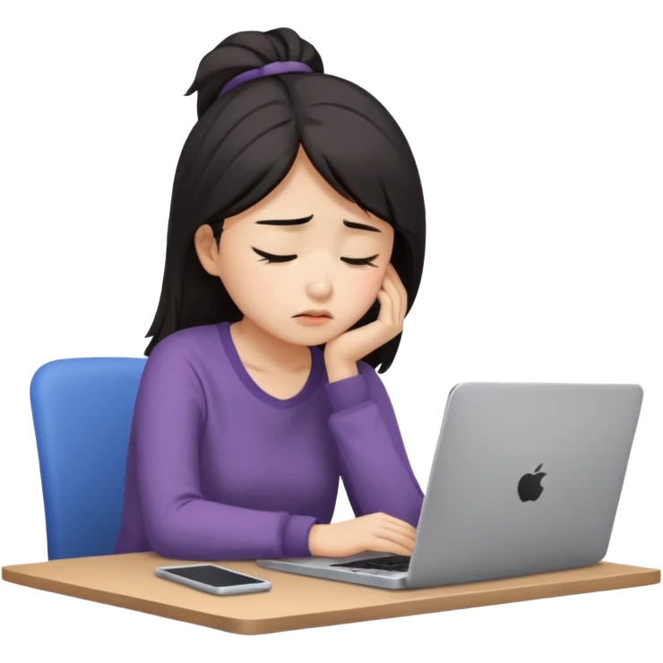Create an emoji of a tired girl of Asian descent, sitting at a laptop, looking exhausted and frustrated. They have slouched posture, representing overwork and burnout. emoji