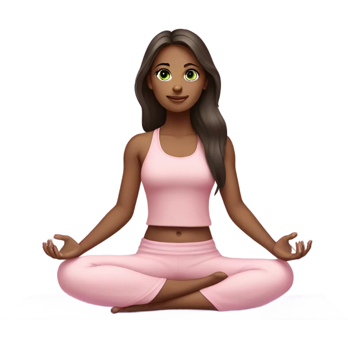 Dark brown long hair and green eyes yoga beautiful girl in light pink pink pink clothes sitting on a yoga mat emoji