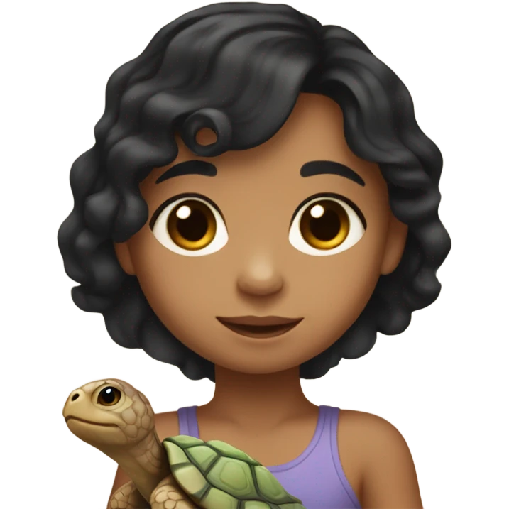 Little girl with wavy medium length black hair and light tan skin holding a tortoise emoji