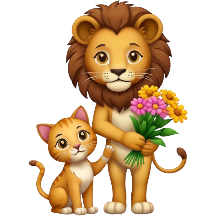 Lion give cat flowers emoji