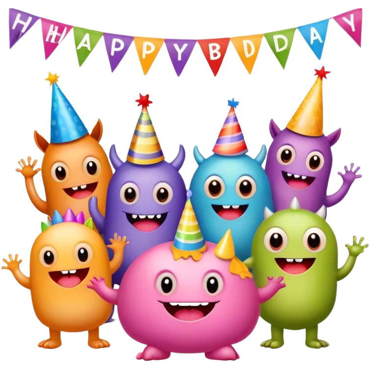 Cute monsters celebrating a birthday with a banner that says Happy B-Day emoji