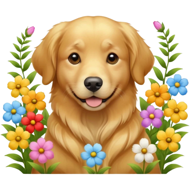 A Golden Retriever sitting in a blooming flower garden, sunlight highlighting its shiny golden fur. Gentle expression, realistic photography, warm color tones. emoji