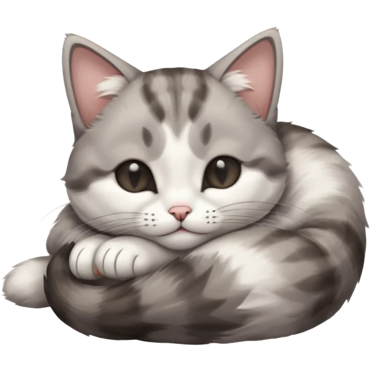 grey and white small cat with eyes closed lying down upside down with its head resting on its curled paw emoji