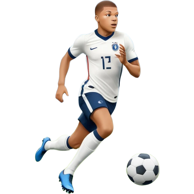 An icon showing Kylian Mbappé running with the ball on a football field during a match. The design captures his speed and focus, with dynamic motion lines and a vibrant background of the field and stadium lights. Transparent background emphasizes the action. emoji