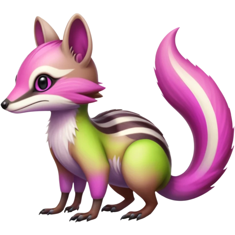 Iridescent Neon Lime-Green-Magenta-gradients Minccino-Numbat-Sergal-fusion-hybrid-animal-creature, full body emoji