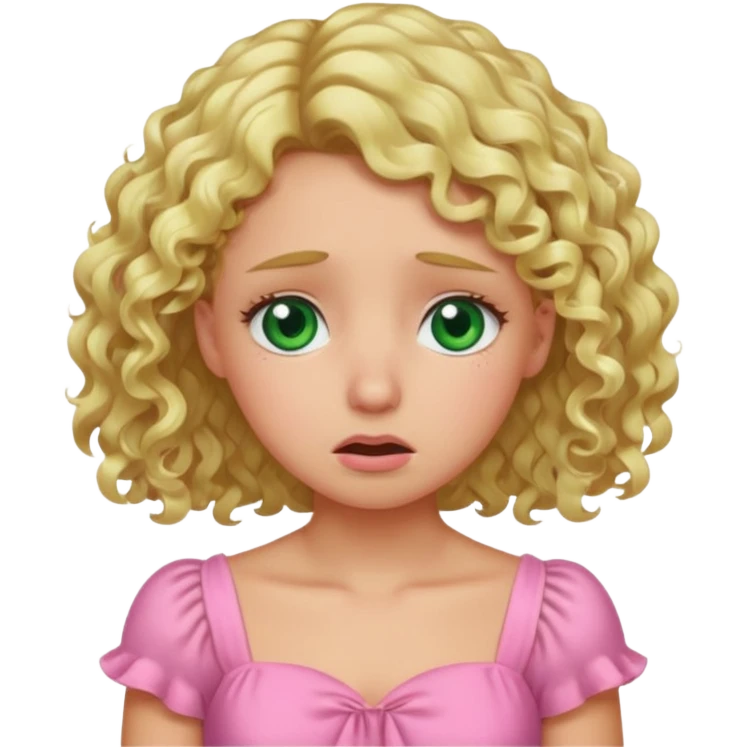 the girl is that criying she has green eyes and blond hair curly pink dress, emoji