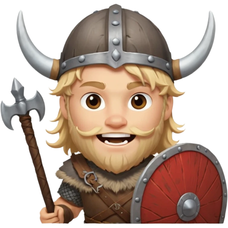 A young Viking warrior with messy hair painted cheeks, wooden shield, and fierce excited grin with horned helmet emoji