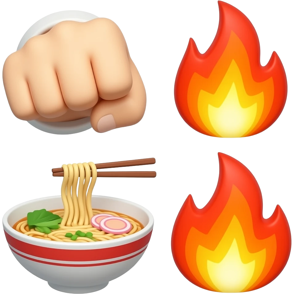 "3D icons of ramen, fist punch, fire flame, minimal style, white background" emoji