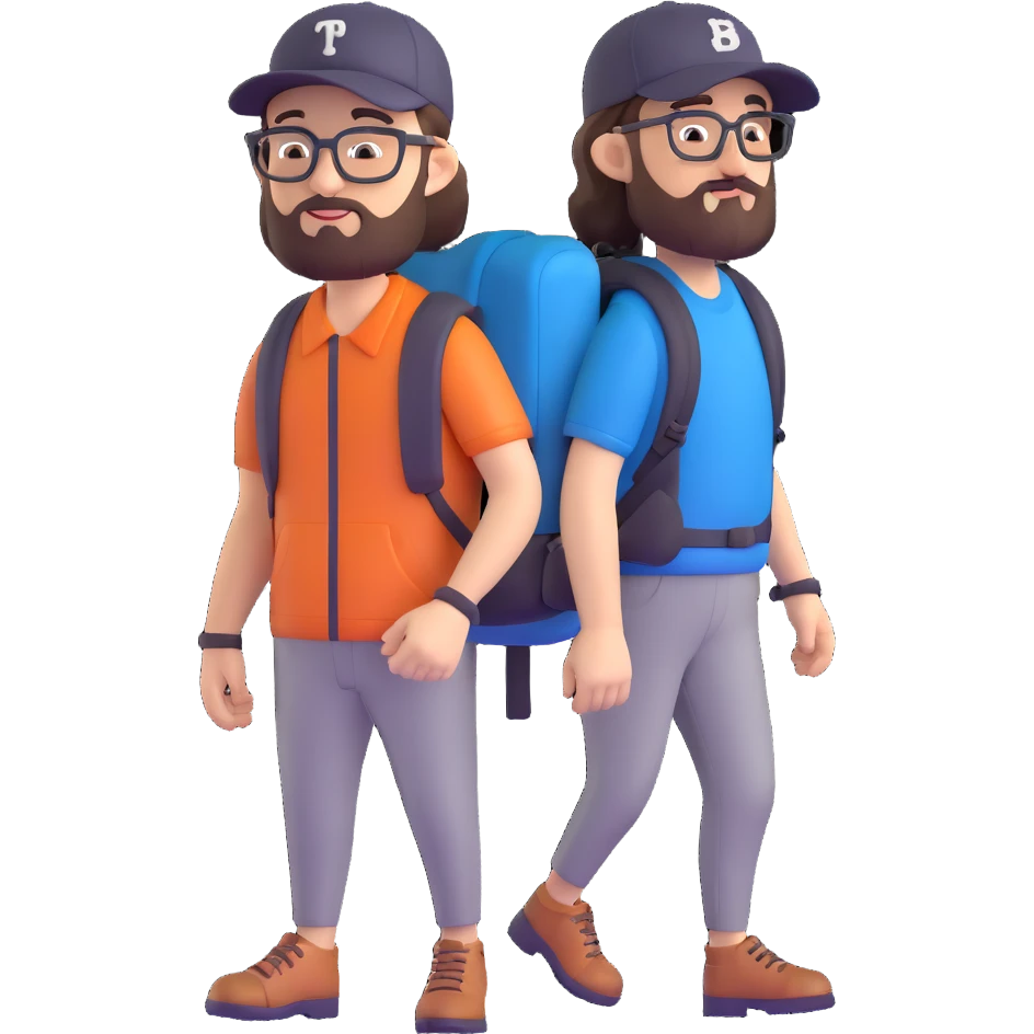 adventurer with backpack, small beard, glasses and backwards baseball cap emoji