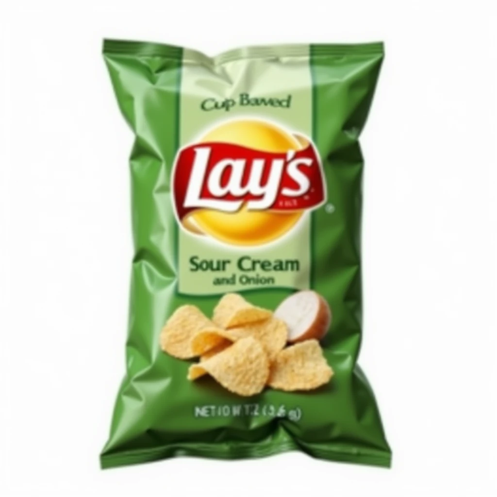 realistic Lay's Sour Cream and Onion potato chips bag, green and yellow packaging, iconic logo, chips visible, appetizing, isolated on white background emoji