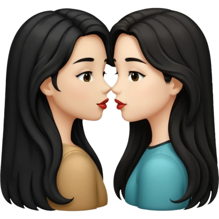 two girls with long black hair one wavy one straight kissing emoji