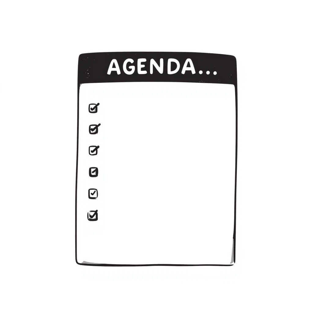 A notebook with 'AGENDA' written on top and meeting items listed below emoji