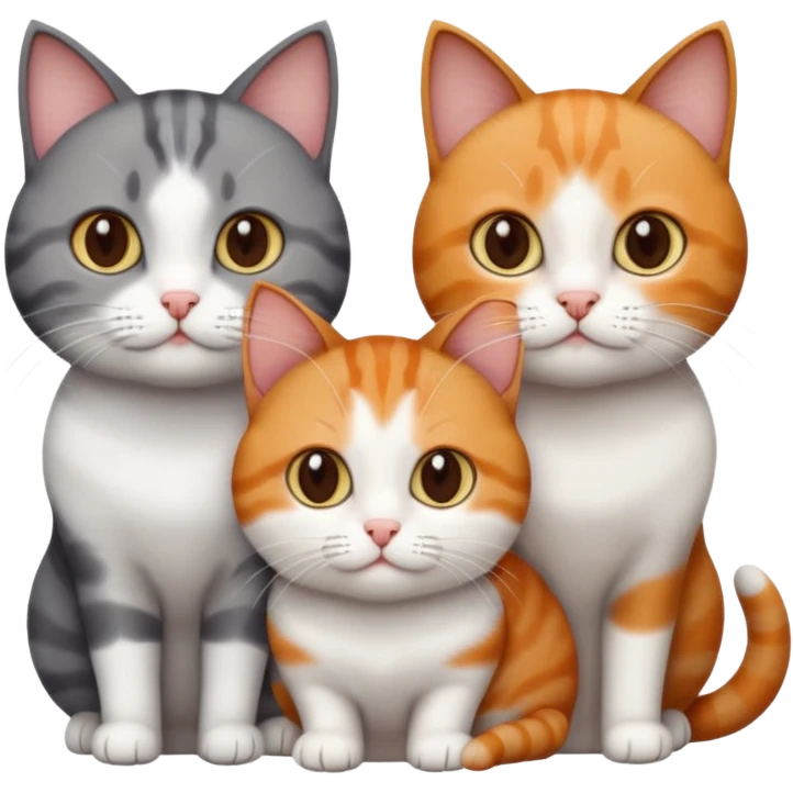 3 different coloured short haired cats including; a dark brown tabby and white cat, and a dark grey and white and a ginger and white emoji
