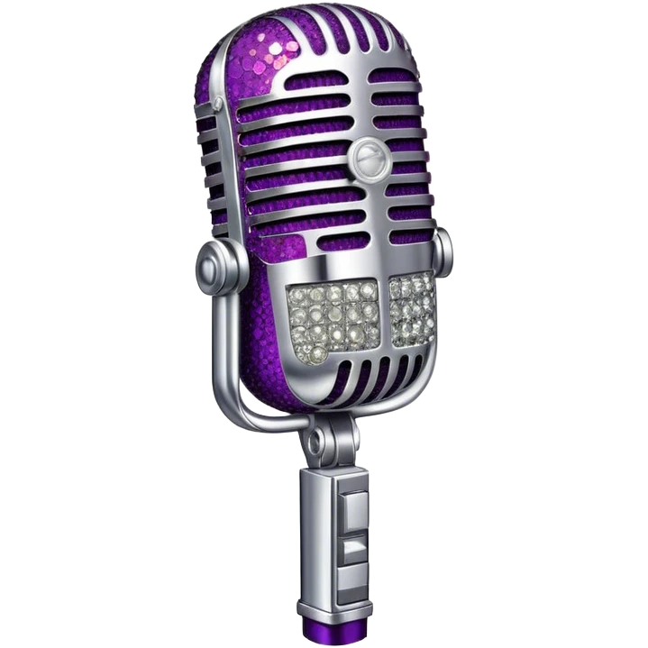 Create a glamorous and vibrant emoji representing stage vocal performance. The design should feature a humanless collage of classic vintage microphone, stage costume covered in rhinestones, sparkling brightly. The costume should be stylized, with glittering elements like sequins and sparkles, and reflect the glitzy, extravagant nature of show business. The microphone should have a sleek, retro look with chrome or metallic accents. Use rich, dazzling colors like gold, silver, deep purple, and bright red to evoke the glamorous, larger-than-life feel of a stage performance. The background should be transparent. emoji