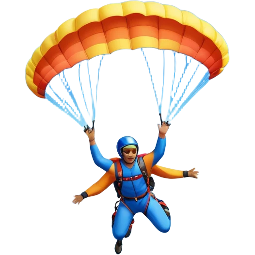 A base jumper soaring through the sky, with a brightly colored parachute open. The backdrop features breathtaking mountain peaks, lush valleys, and a vast blue sky dotted with clouds. The scene captures the thrill and freedom of jumping from great heights into the open air. emoji