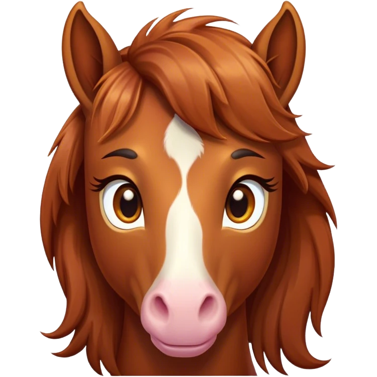 Cinematic Cute Chestnut Horse Portrait Emoji, Head tilted playfully and inquisitively, showcasing a glossy chestnut fur with a vibrant sheen and gentle, expressive amber eyes, Simplified yet irresistibly adorable features, highly detailed, glowing with a warm, friendly glow, high shine, affectionate and spirited, stylized with a touch of whimsy, bright and endearing, soft glowing outline, capturing the essence of a mischievous yet loving horse, so playful it feels like it could prance out of the screen and into your arms! emoji