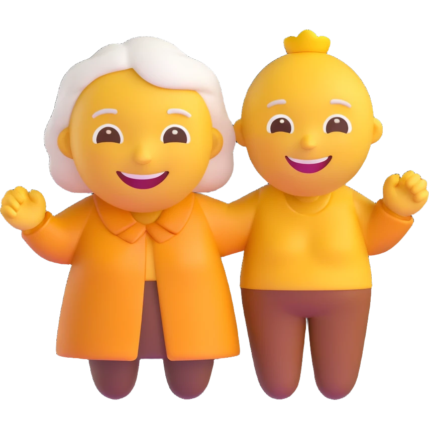 3D smiley emoji, round shape, grandparents holding hands, yellow and brown color, smiling face emoji