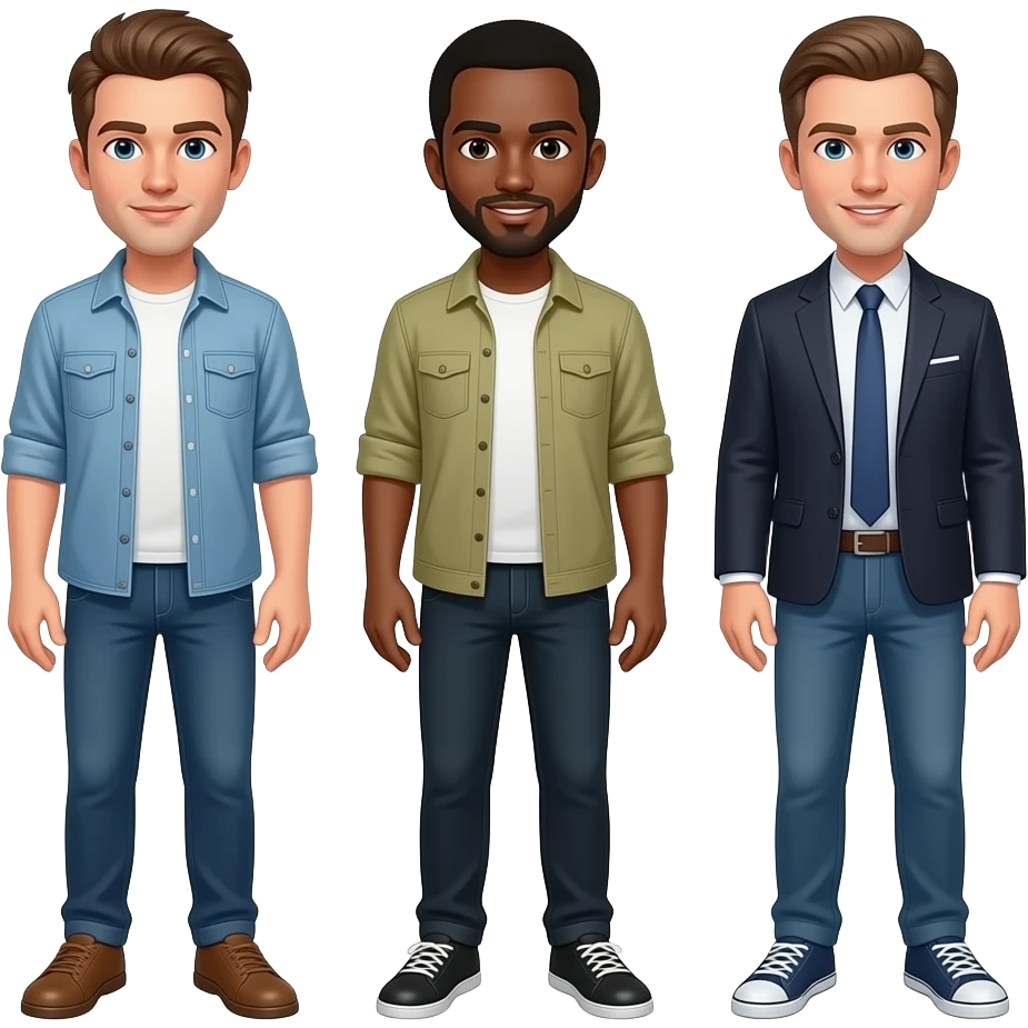 3 guys, 1 light skin black and 2 white In different clothing emoji