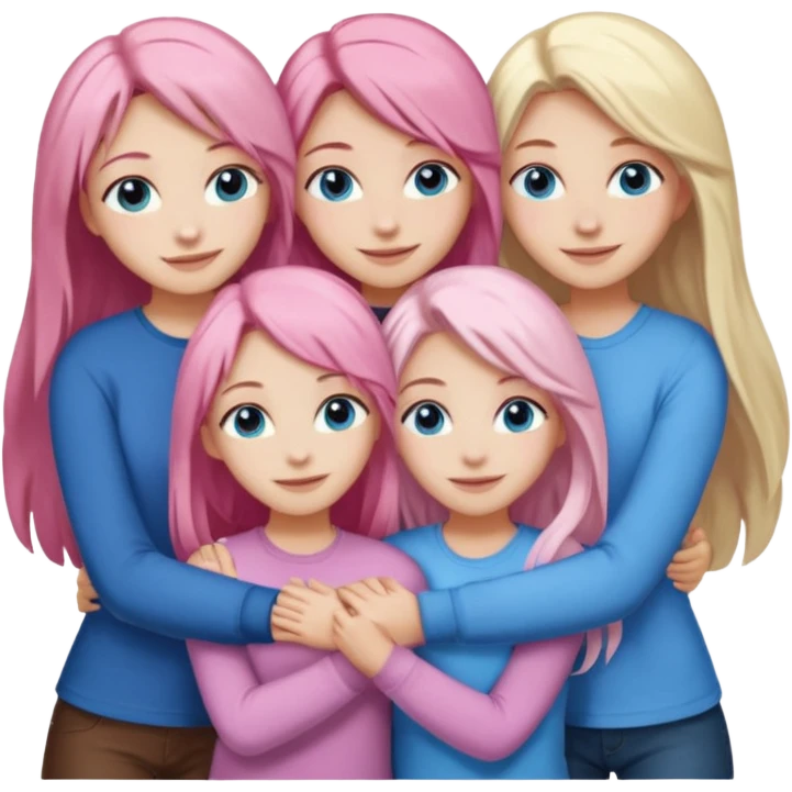 Girlfriend emoji - include 1 white girl with long light pink hair and blue eyes, one white girl with blue eyes and light blonde hair, and 2 white girls with brown eyes and long dark brown hair. They are smiling and hugging emoji