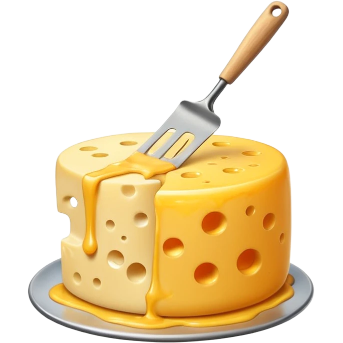 a half vertical wheel of cheese being scraped with a metal spatula, melted cheese flowing, modern emoji style, clean, transparent background emoji