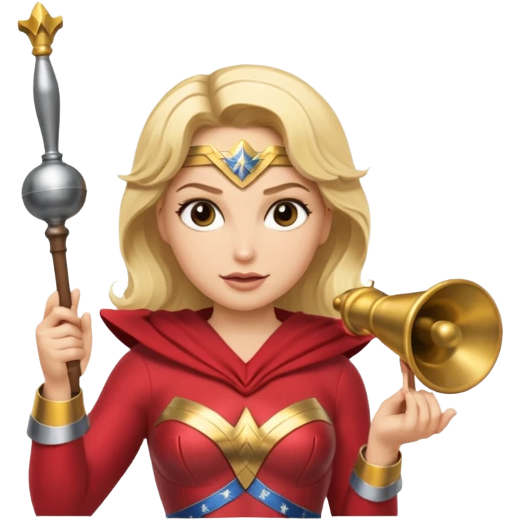 Blonde Wonder Woman holding bell and short white orchestra conductor’s baton  emoji