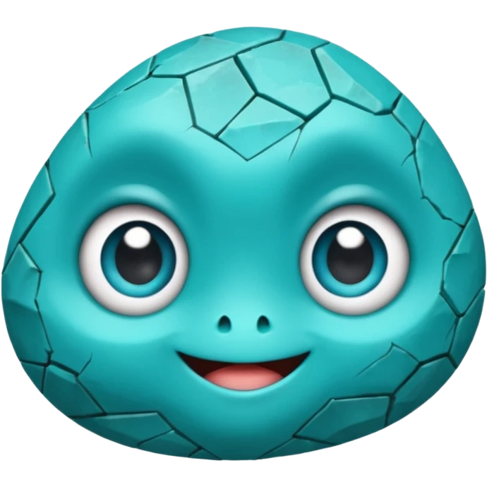 One small turquoise rock creature, rounded but still clearly a rock with cracks and facets, subtle shine, big expressive eyes and a shy smile, emoji