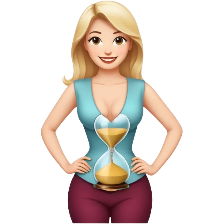 stylish woman with hourglass shape, smiling, hands on hips emoji