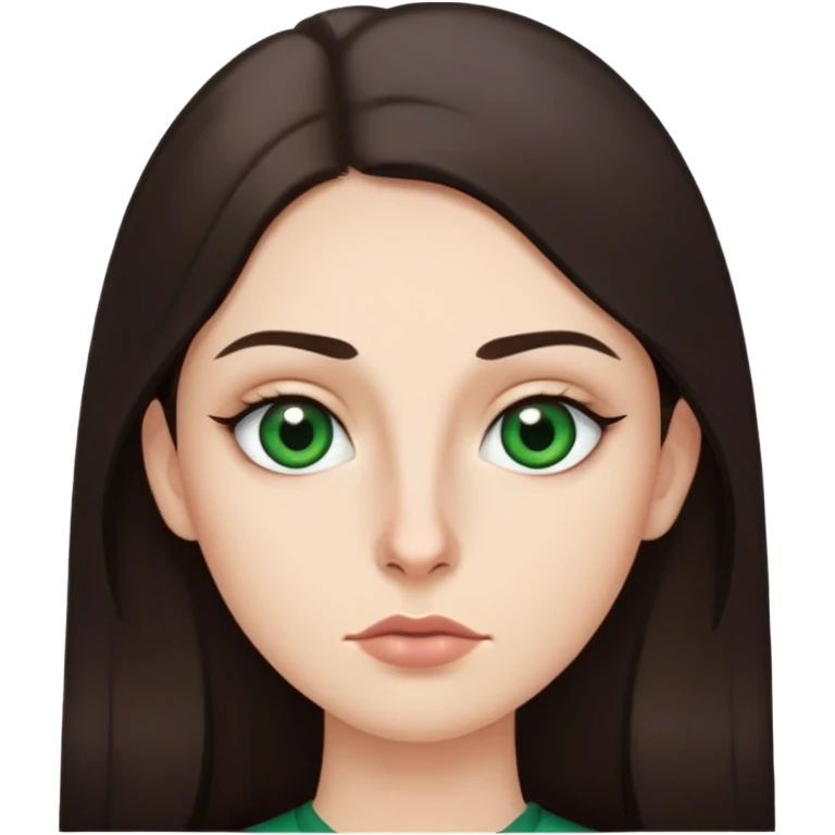 Me with long dark brown hair green eyes and thin top lip and big bottom lip and a mole on my left side of my chin very thin eyebrows with a scar on the right eyebrow emoji